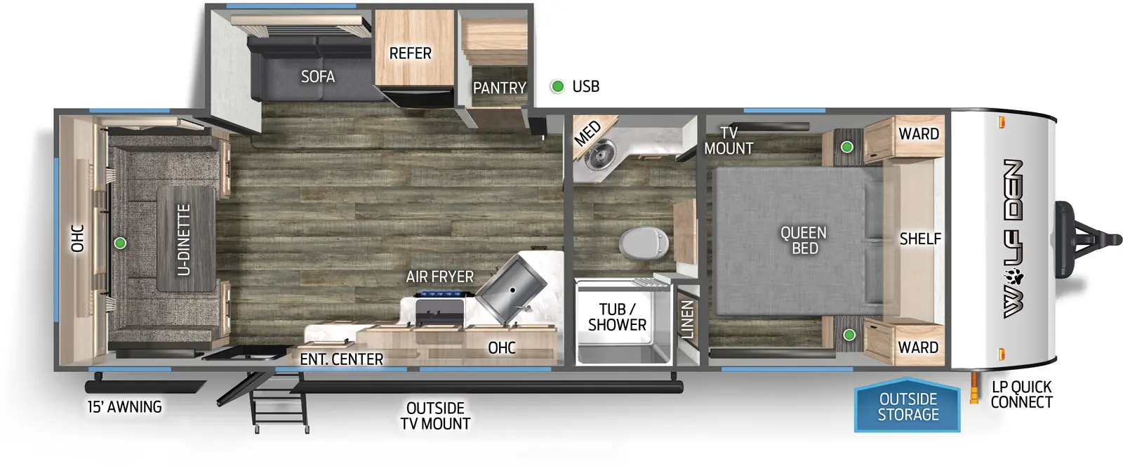 The 242TR has one slideout and one entry. Exterior features LP quick connect, outside storage, outside TV mount, and 15 foot awning. Interior layout front to back: foot-facing queen bed with shelf above, wardrobes on each side, linen closet, and TV mount; split full pass-through bathroom with medicine cabinet; off-door side slideout with pantry, refrigerator, and sofa; kitchen counter with sink wraps along inner wall to door side with overhead cabinet, air fryer, entertainment center, and entry; rear u-dinette with overhead cabinet.